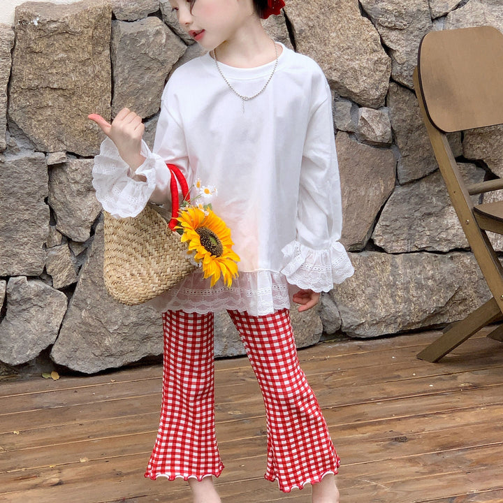 【90-140】チェック柄メロウフレアパンツ