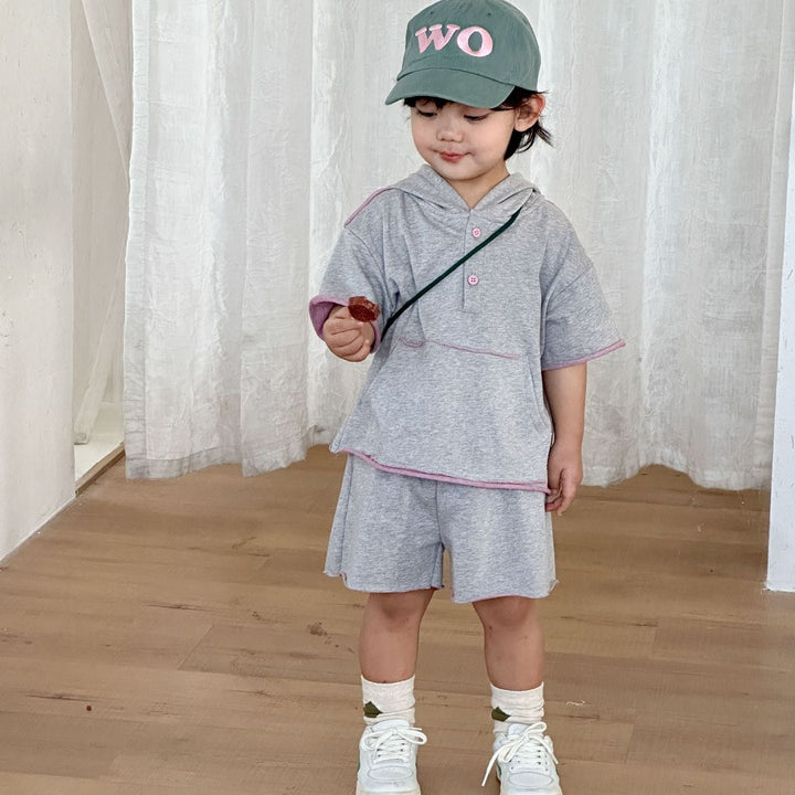 【80-150】ハーフボタンフーディートップス×ハーフパンツセット