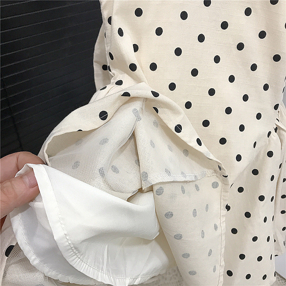 【90-140】取り外しリボン付きドット柄ワンピース