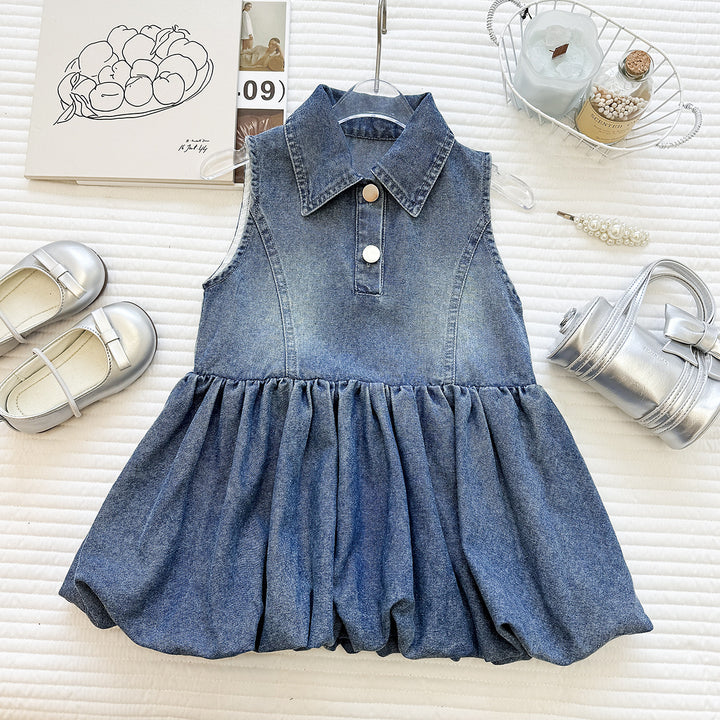 【90-150】デニムノースリーブポロワンピース