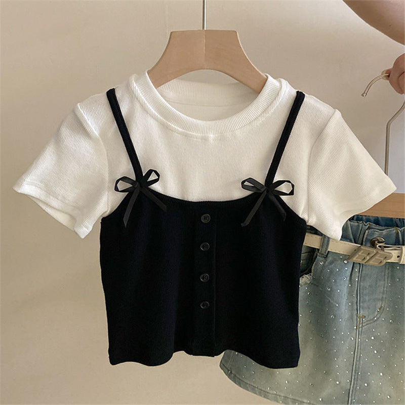 【90-150】キャミレイヤード風半袖Tシャツ