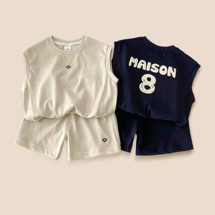 【90-140】バックロゴノースリーブトップス×ハーフパンツセット