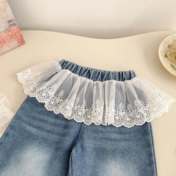 【73-120】レースレイヤード風ワイドデニムパンツ