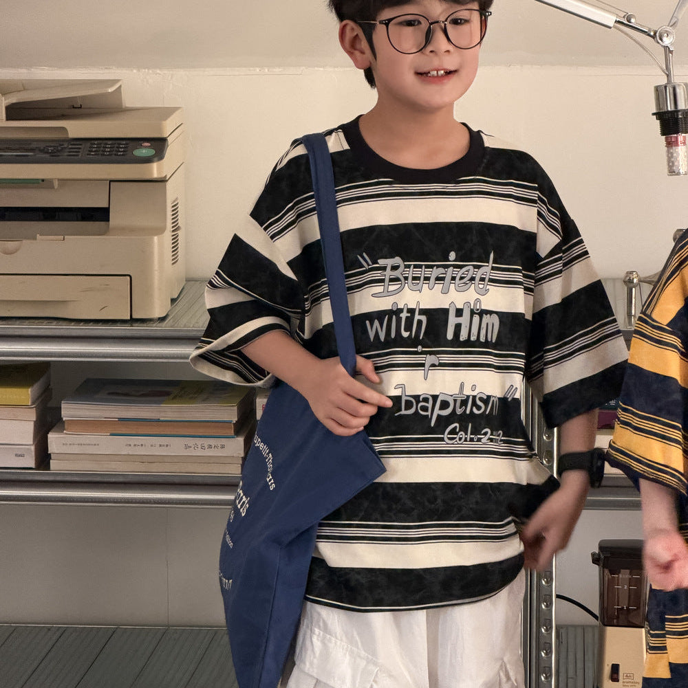【100-150】英字ロゴデザインボーダー柄Tシャツ