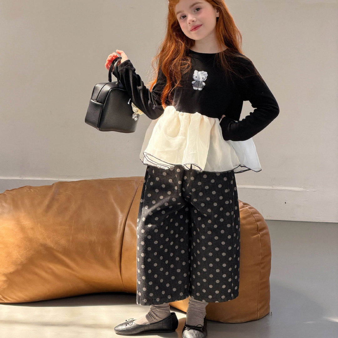 【90-140】ドット柄ワイドクロップドパンツ