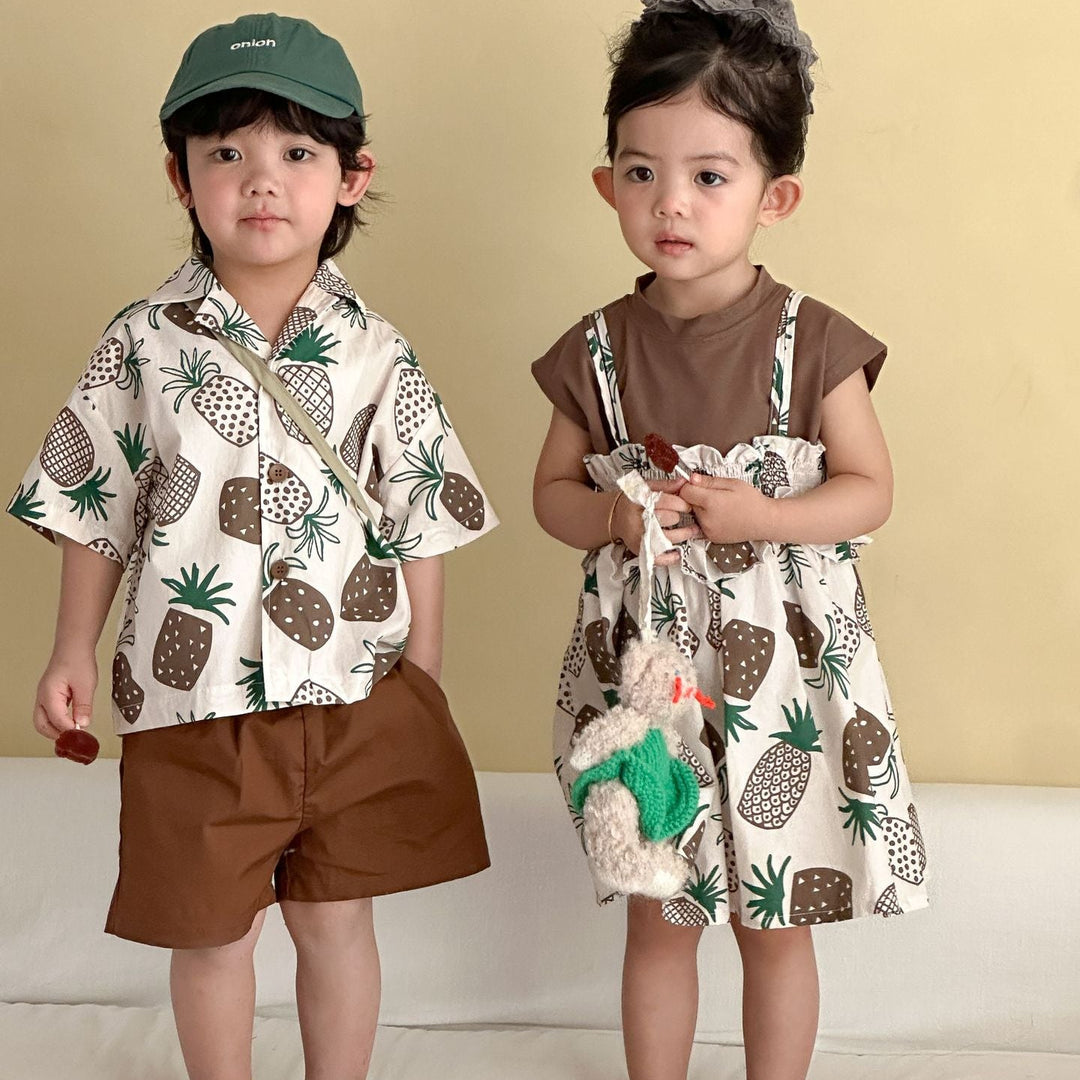 【80-150】パイナップル柄シャツ×ハーフパンツセット