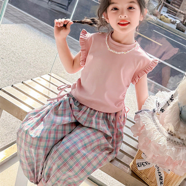 【90-140】ウエストシャーリングトップス×チェック柄パンツセット