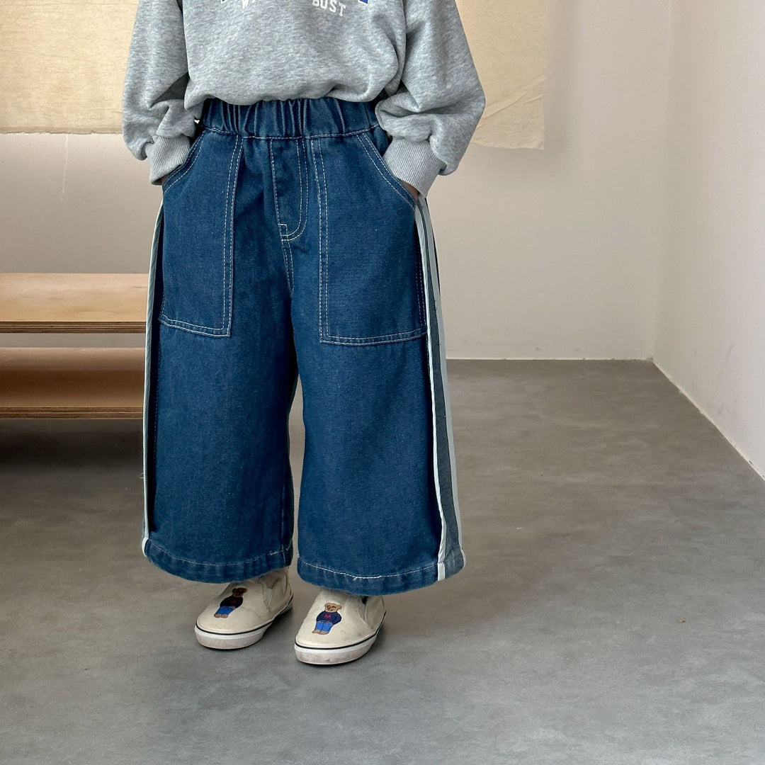 【80-150】ラインデザインワイドデニムパンツ