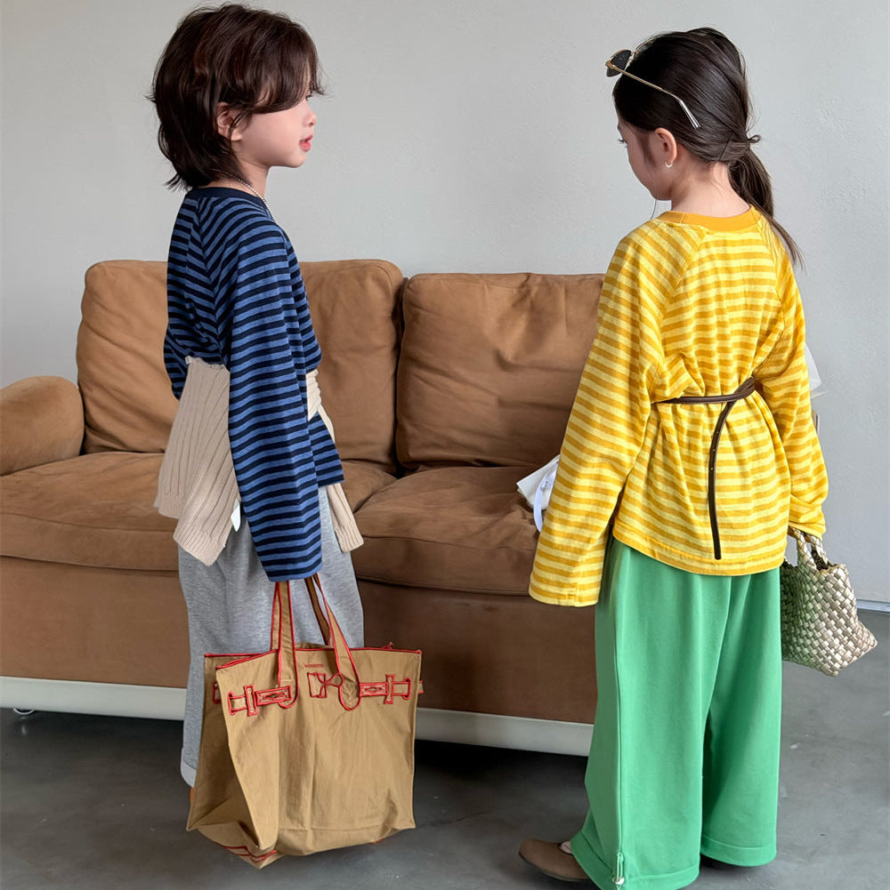 【90-150】ボーダーミニ英字ロゴ長袖Tシャツ