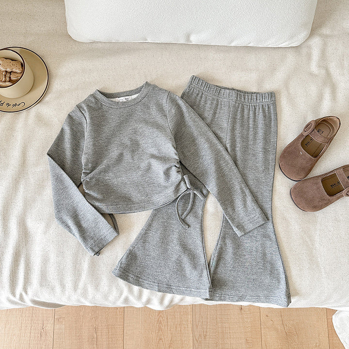 【90-140】ウエストシャーリングトップス×フレアパンツセット