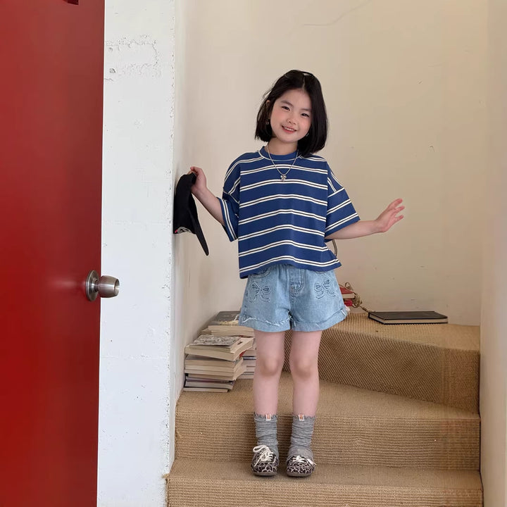 【120-150】ダブルリボンロールアップデニムショートパンツ