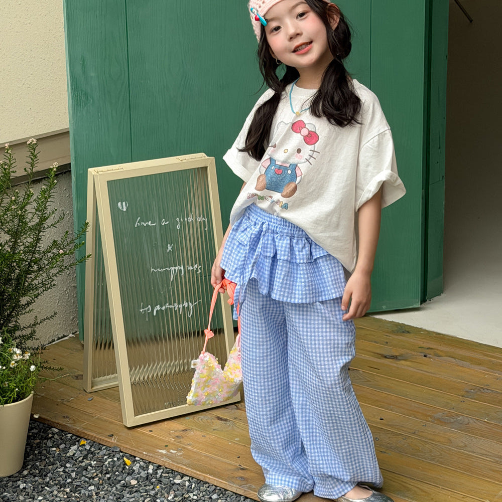 【100-150】チェック柄スカートレイヤード風パンツ