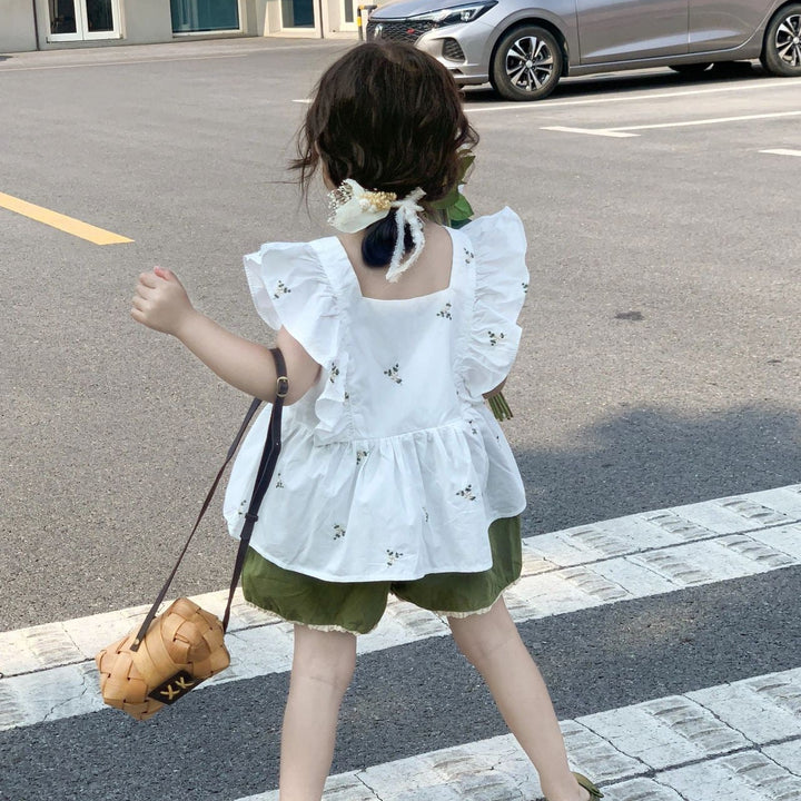 【90-140】ラッフルスリーブ花柄トップス×ショートパンツセット