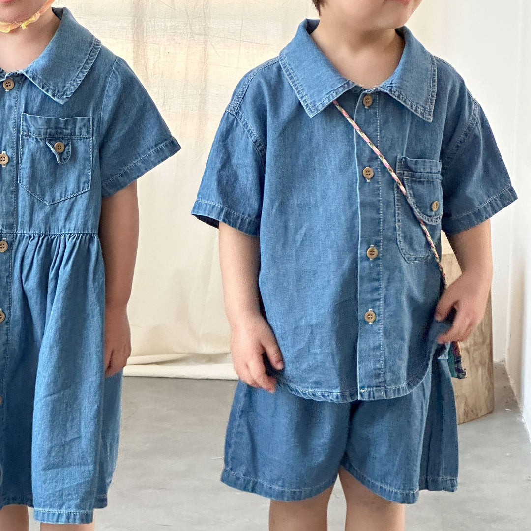 【80-150】半袖デニムシャツワンピース