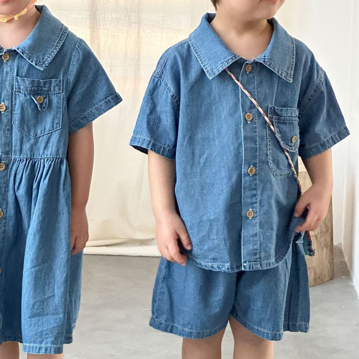 【80-150】半袖デニムシャツワンピース