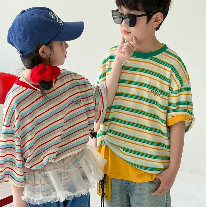 【100-150】ボーダー柄カジュアルTシャツ