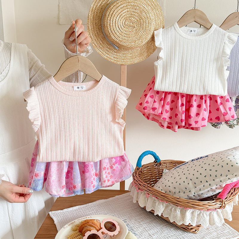 【90-140】ノースリトップス×総柄ショートパンツセット