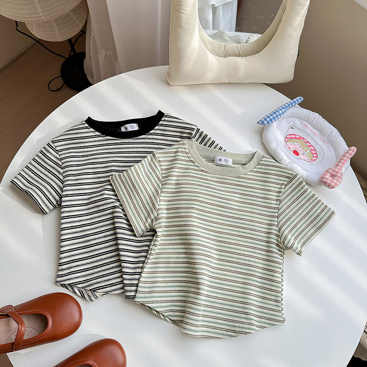 【90-140】マルチカラーシンプルボーダーTシャツ