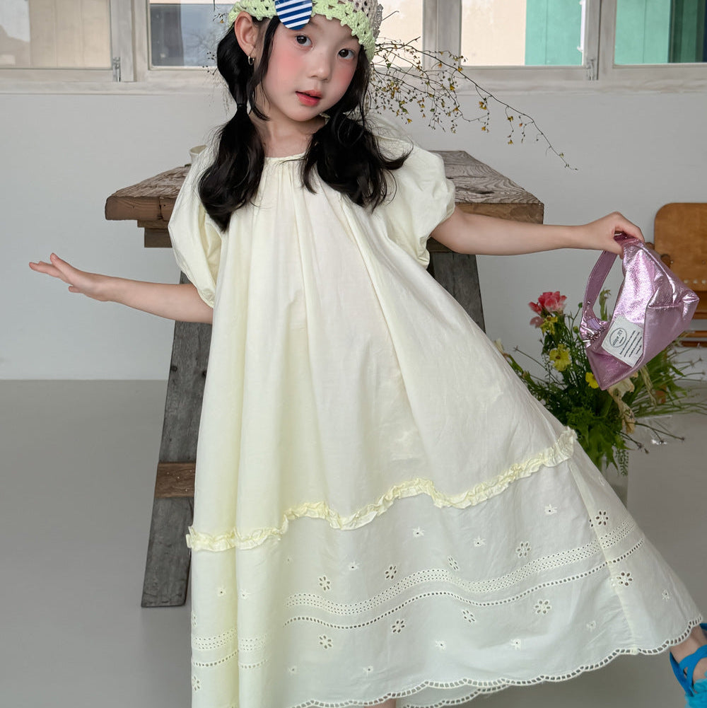 【100-150】レースデザインパフスリーブワンピース