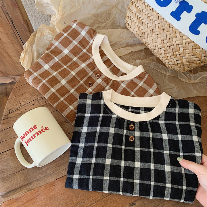 【90-130】チェック柄カジュアルTシャツ