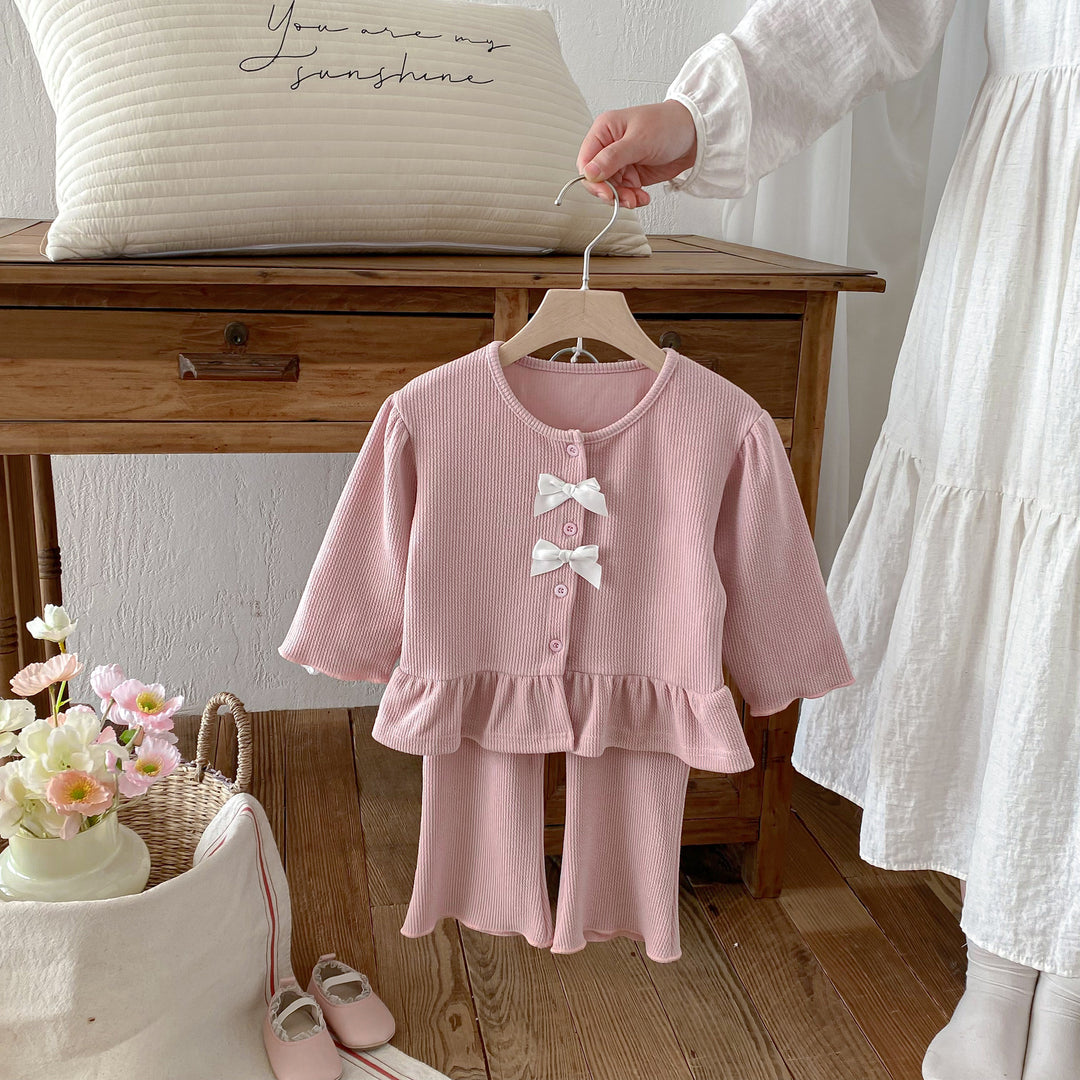 【80-130】フリルヘムカーデ×ロングパンツセット