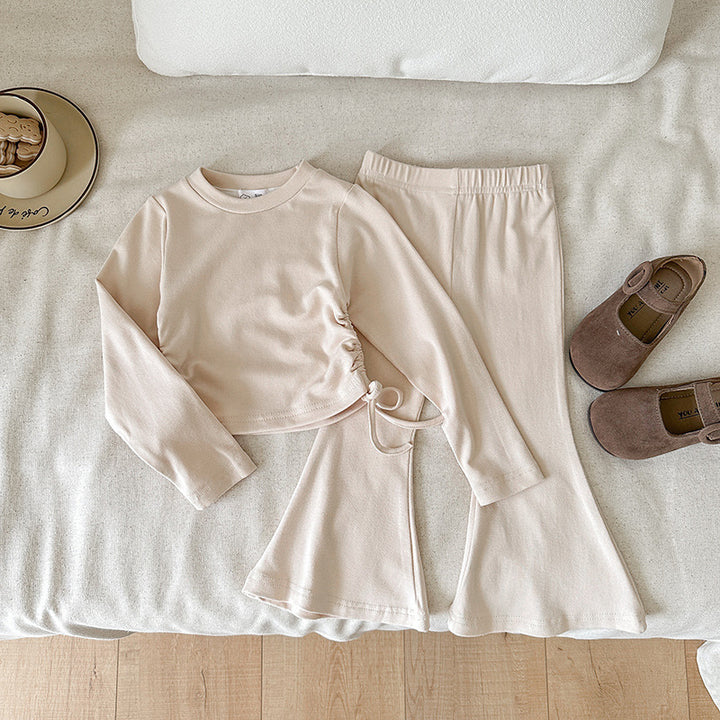 【90-140】ウエストシャーリングトップス×フレアパンツセット