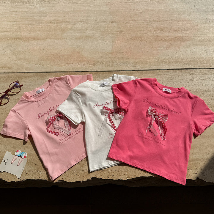 【90-150】レース＆チェック柄リボンTシャツ