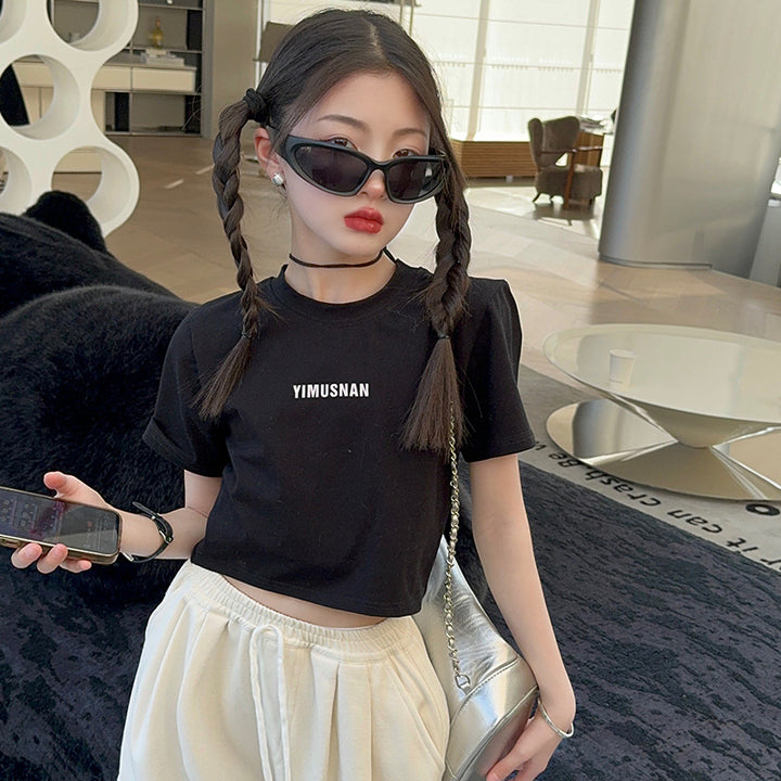 【120-150】バックハートデザインショート丈Tシャツ