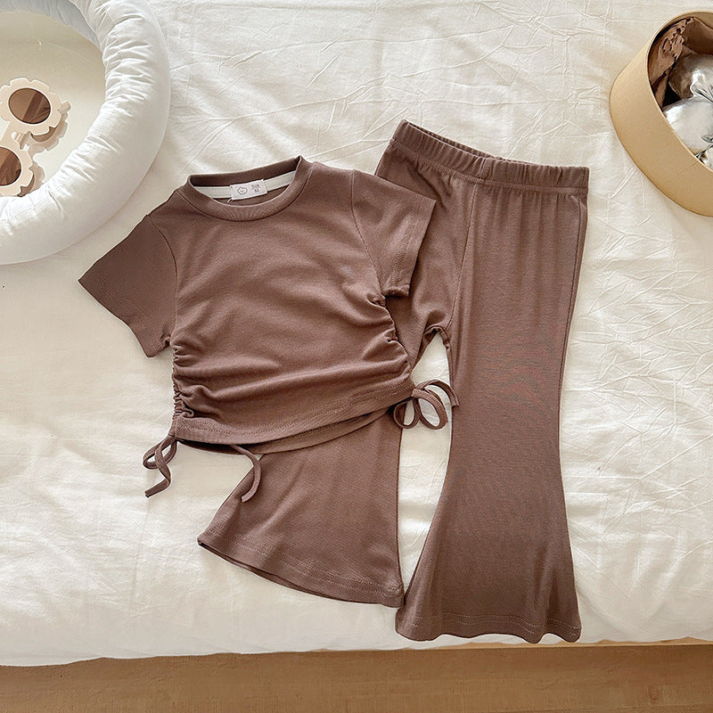 【90-140】ウエストシャーリングTシャツ×フレアパンツセット