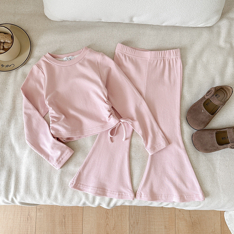 【90-140】ウエストシャーリングトップス×フレアパンツセット