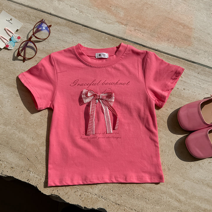 【90-150】レース＆チェック柄リボンTシャツ