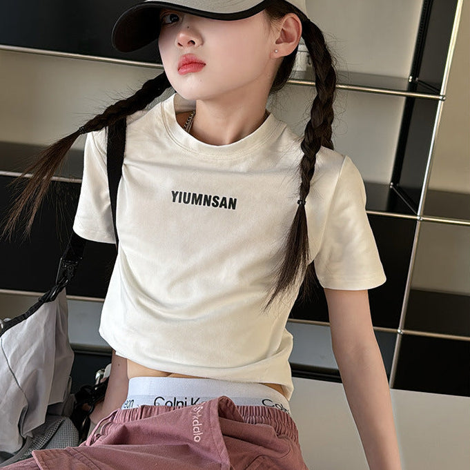 【120-150】バックハートデザインショート丈Tシャツ