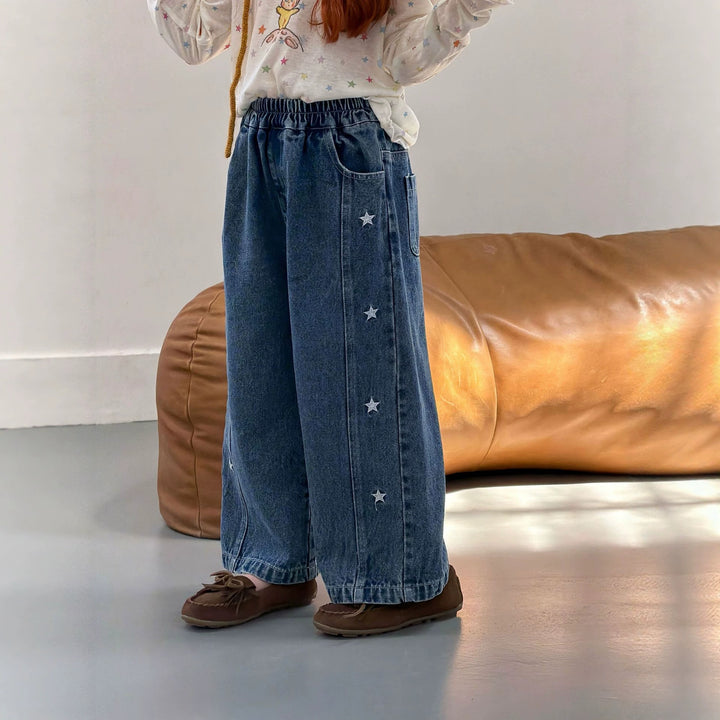 【90-140】サイドスター刺繍デニムパンツ