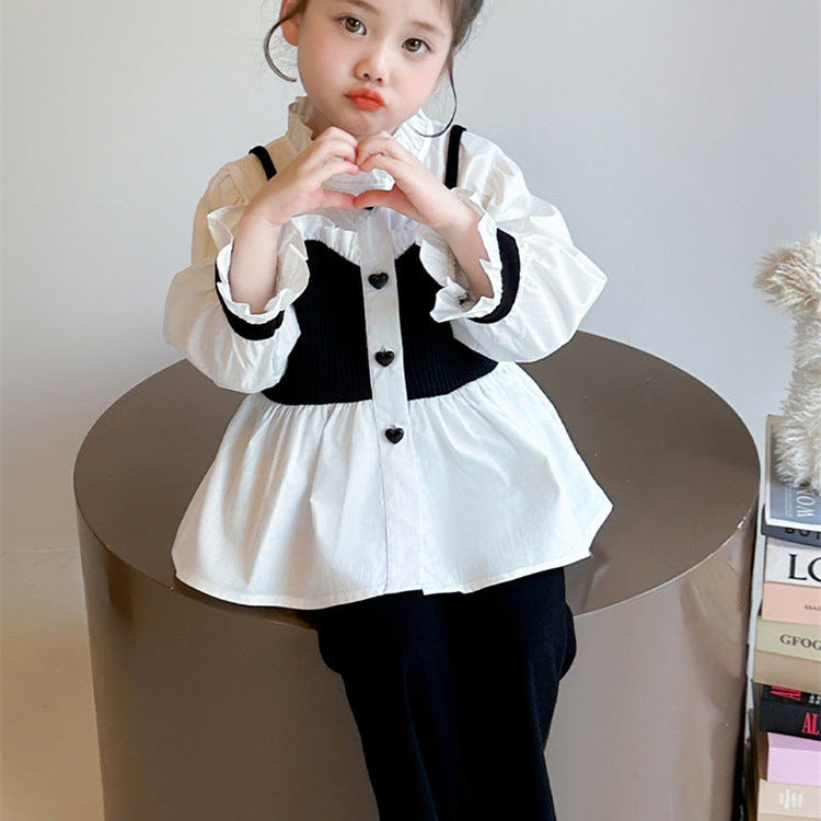 【90-140】レイヤード風シャツ×フレアパンツセット