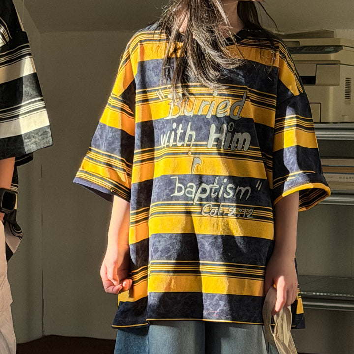 【100-150】英字ロゴデザインボーダー柄Tシャツ