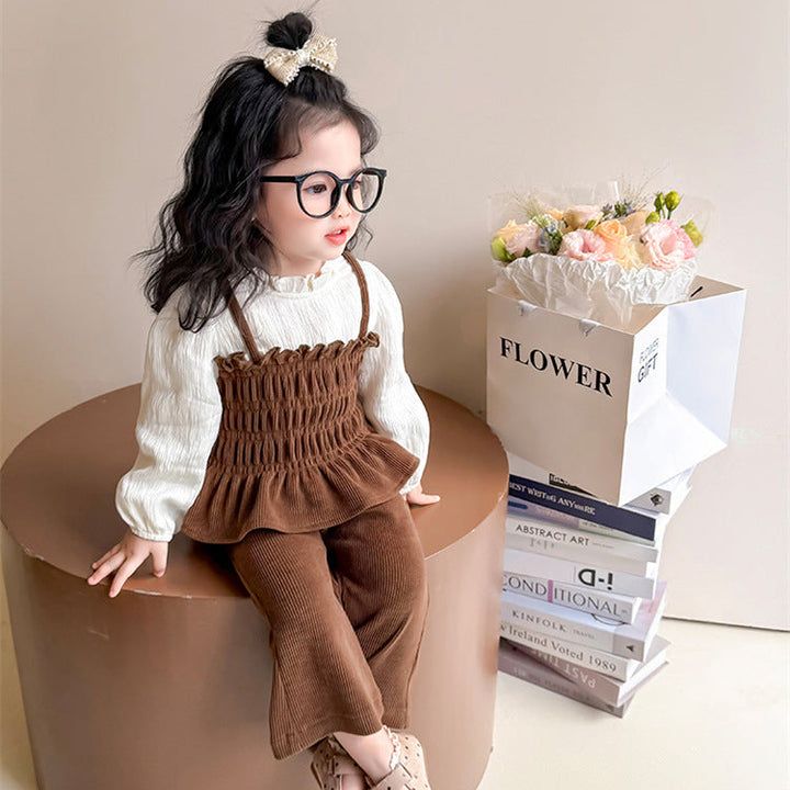 【90-140】レイヤード風トップス×フレアロングパンツセット