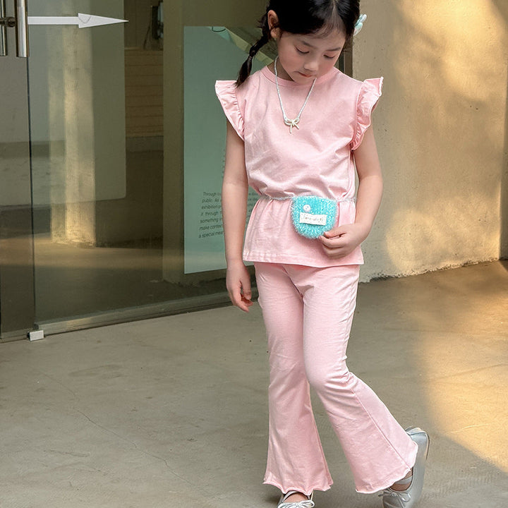 【90-140】ショルダーフリルノースリーブ×フレアパンツセット