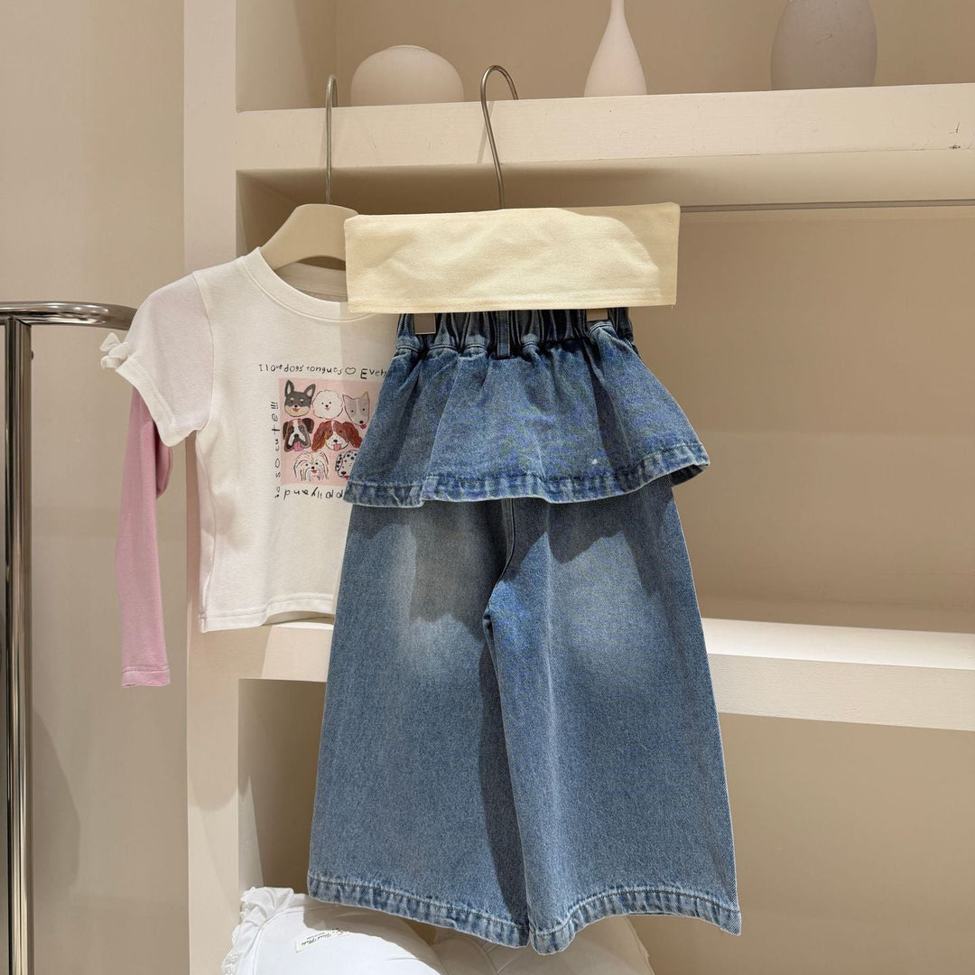 【100-150】レイヤード風デニムワイドパンツ