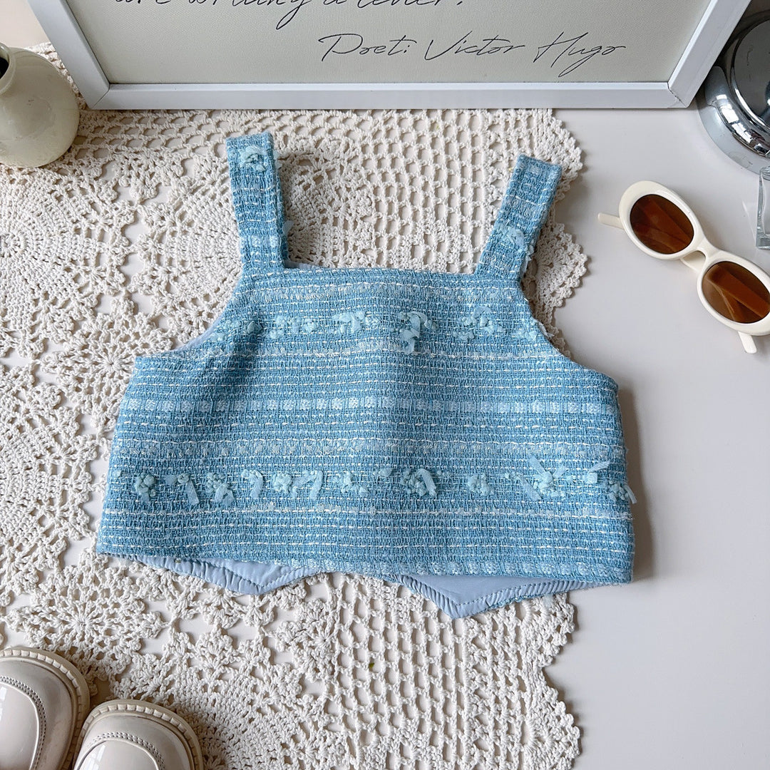 【90-140】肩フリルブラウス×ベスト×プリーツスカートセット