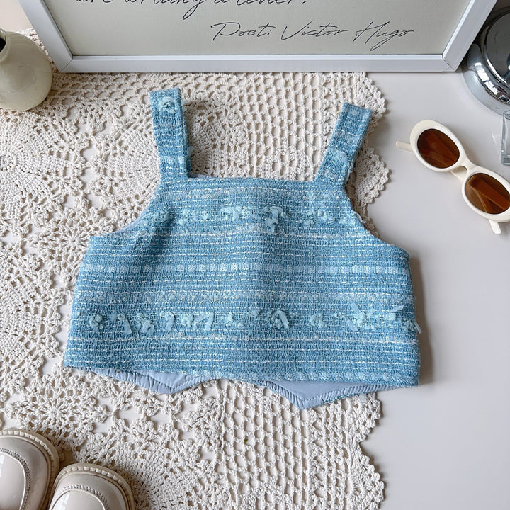 【90-140】肩フリルブラウス×ベスト×プリーツスカートセット