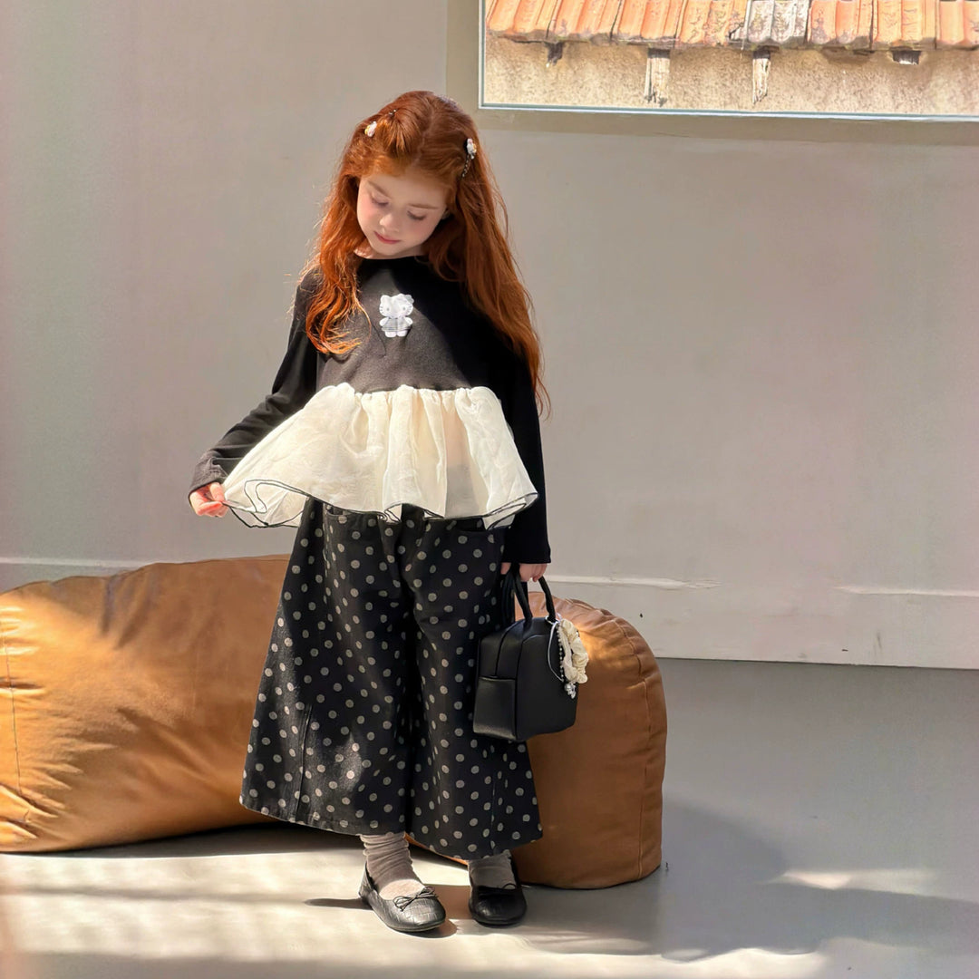 【90-140】ドット柄ワイドクロップドパンツ