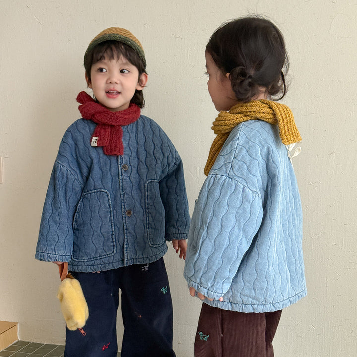 【80-150】ノーカラーキルティングデニムジャケット