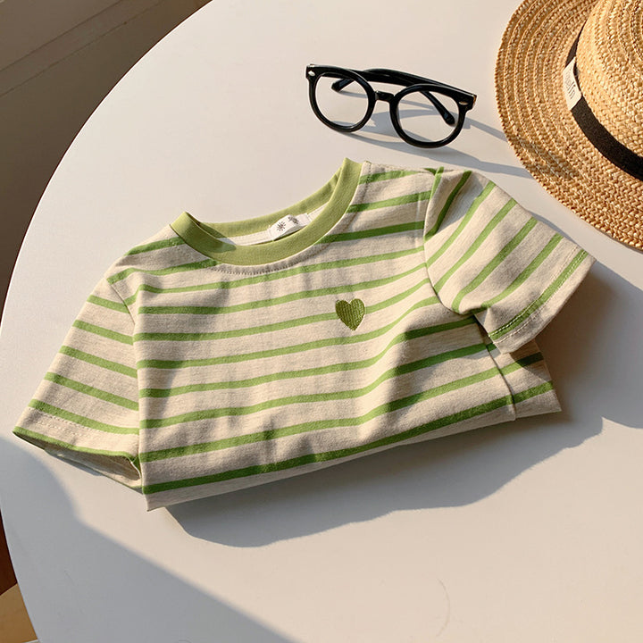 【90-150】ボーダー柄ワンポイントハートTシャツ