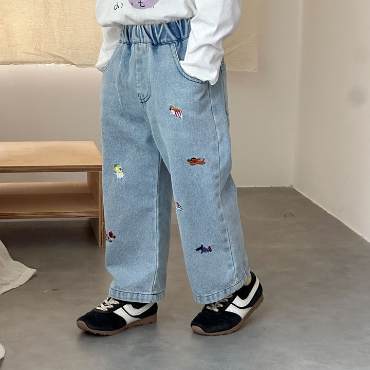 【80-150】刺繍デザインストレートデニムパンツ