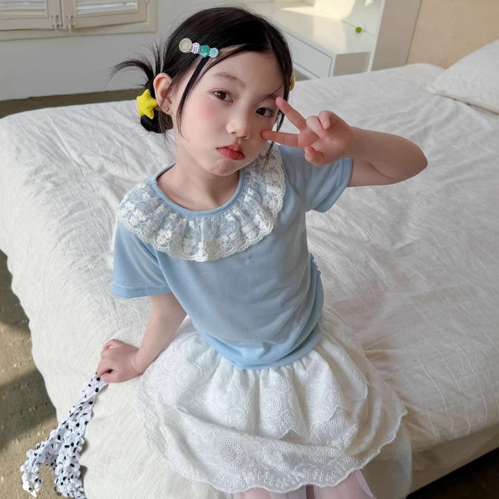 【100-150】レースラッフルカラーTシャツ