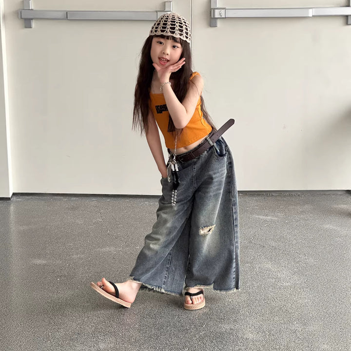 【100-150】クラッシュワイドデニムパンツ