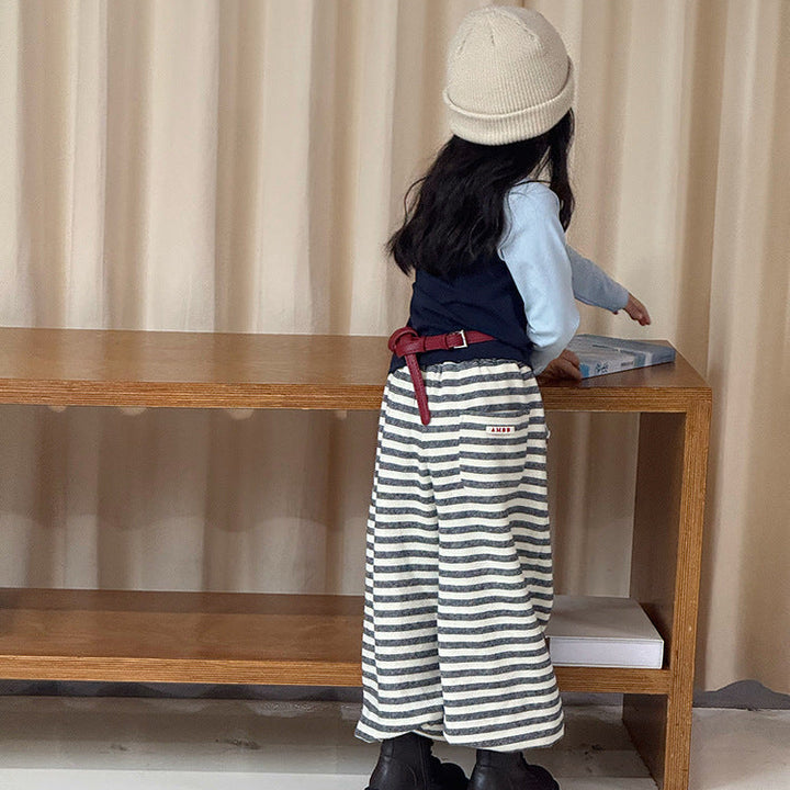 【90-150】ボーダー柄カジュアルロングパンツ