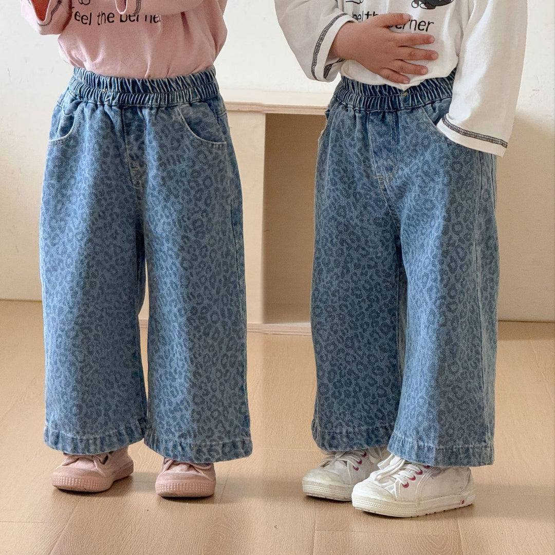 【80-150】レオパード柄ロングデニムパンツ