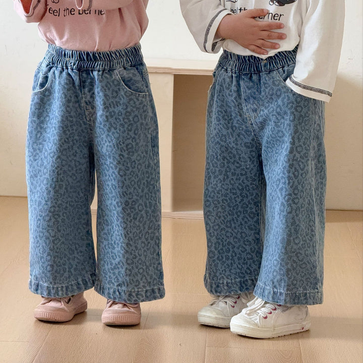 【80-150】レオパード柄ロングデニムパンツ