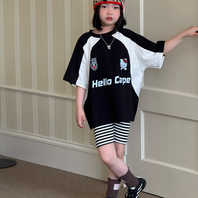 【120-150】ボーダー柄シンプルハーフレギンスパンツ